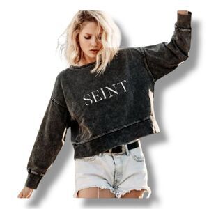 Seint Boxy Cropped Distressed Crewneck Sweatshirt Size Medium